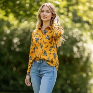 Denim and Company Floral Yellow/orange and Corduroy Women’s Shirt